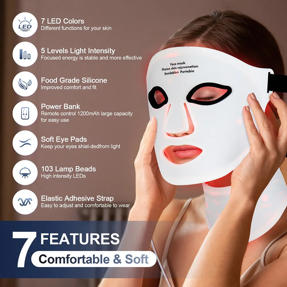 Siliconen LED Masker Gezicht & Nek – 7 Kleuren Lichttherapie voor Huidherstel