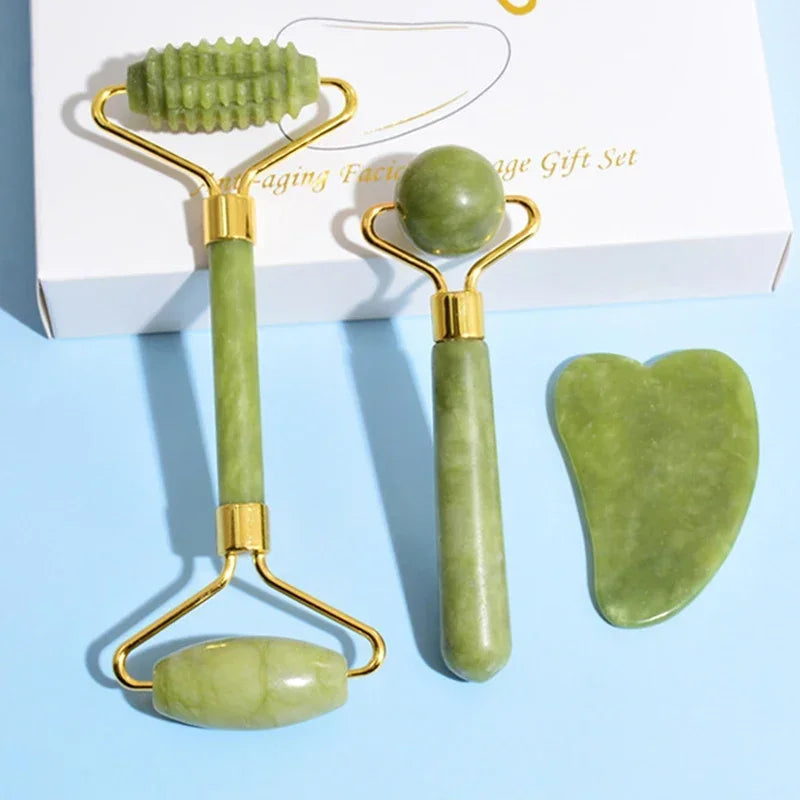 Natuurlijke Jade Roller & Gua Sha Set — Gezichtsmassage voor Lifting, Ontspanning & Stralende Huid