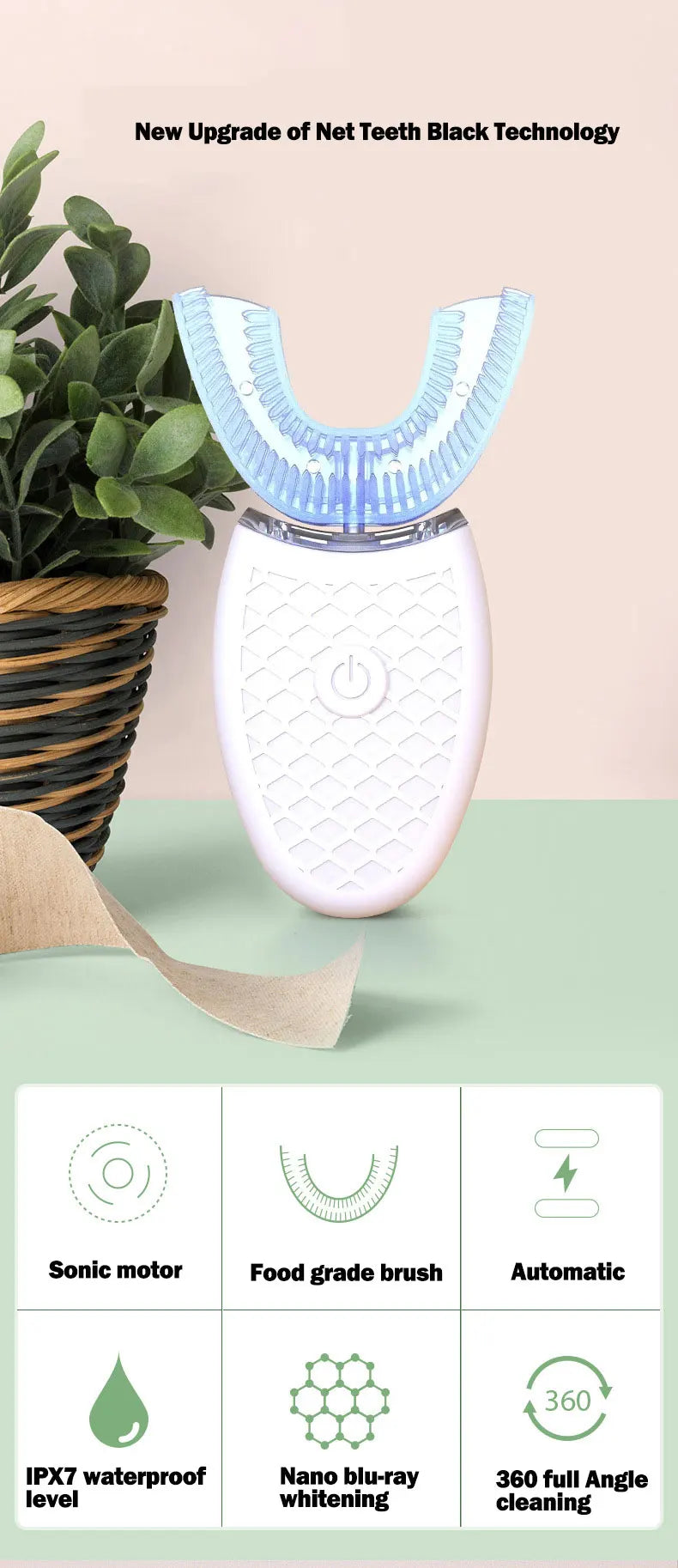 U-Vorm Elektrische Tandenborstel 360° Sonic – USB Oplaadbaar Waterdicht Siliconen