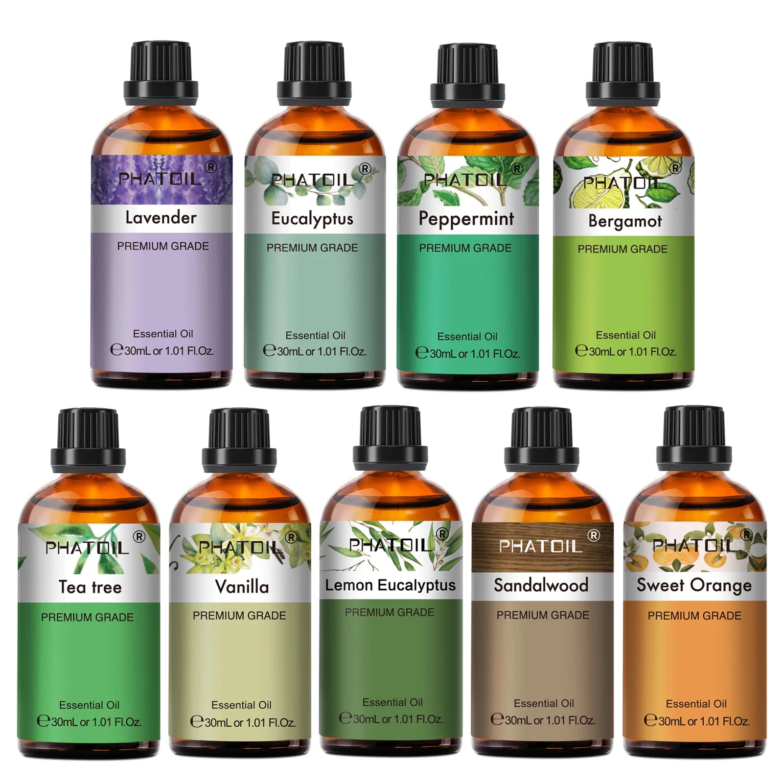 PHATOIL Essentiële Oliën Set 30ml – Lavendel, Citroen, Eucalyptus, Sandelhout & Bergamot voor Diffuser & DIY