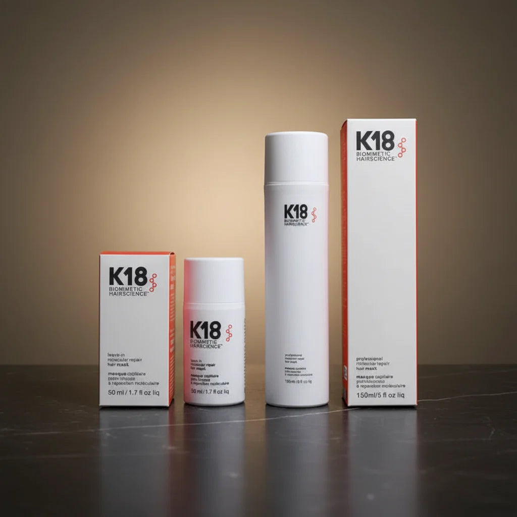 K18 Leave-In Haarmasker — 50ml en 150ml naast elkaar