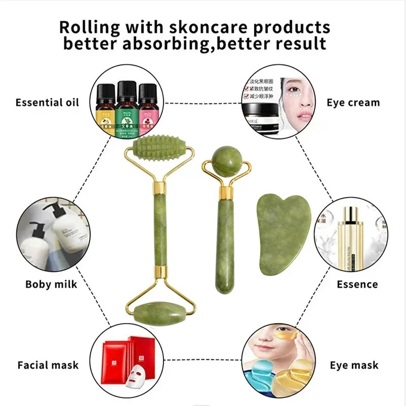 Natuurlijke Jade Roller & Gua Sha Set — Gezichtsmassage voor Lifting, Ontspanning & Stralende Huid