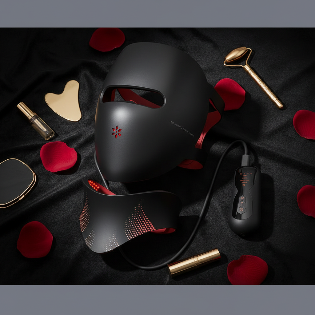 4-in-1 LED Lichttherapie Masker — flatlay op fluwelen achtergrond