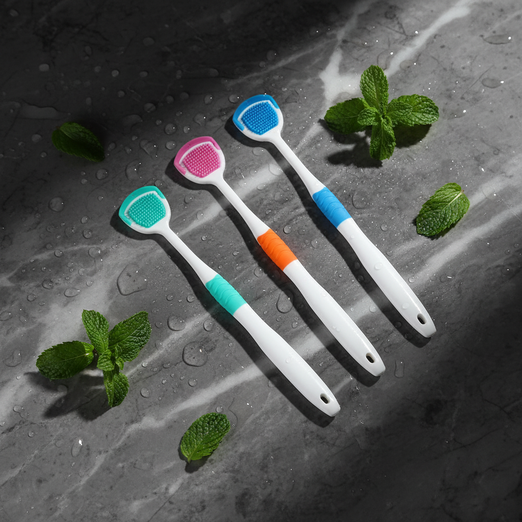 Siliconen Tongborstel — flatlay overzicht