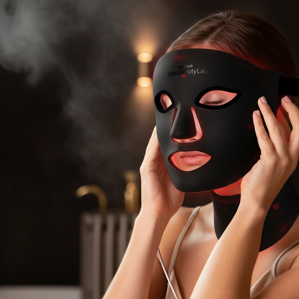 Siliconen LED Hoofd- & Nekmasker Roodlichttherapie — zwarte uitvoering lifestyle